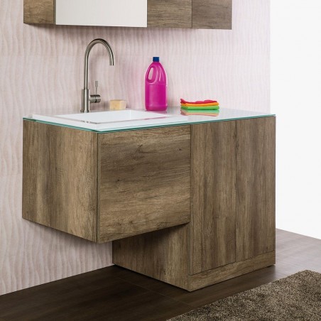 Mobile bagno sospeso con top in cristallo con lavabo Zeus doppia funzione incassato  , base per inserimento lavatrice - 1