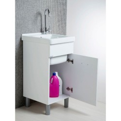 Mobile lavatoio 45x50 bianco opaco con vasca in ceramica e tavola in legno.